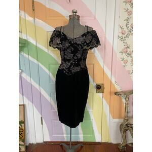 Vintage Scott McClintock Black Velvet Silver Brocade Off Shoulder Dress
